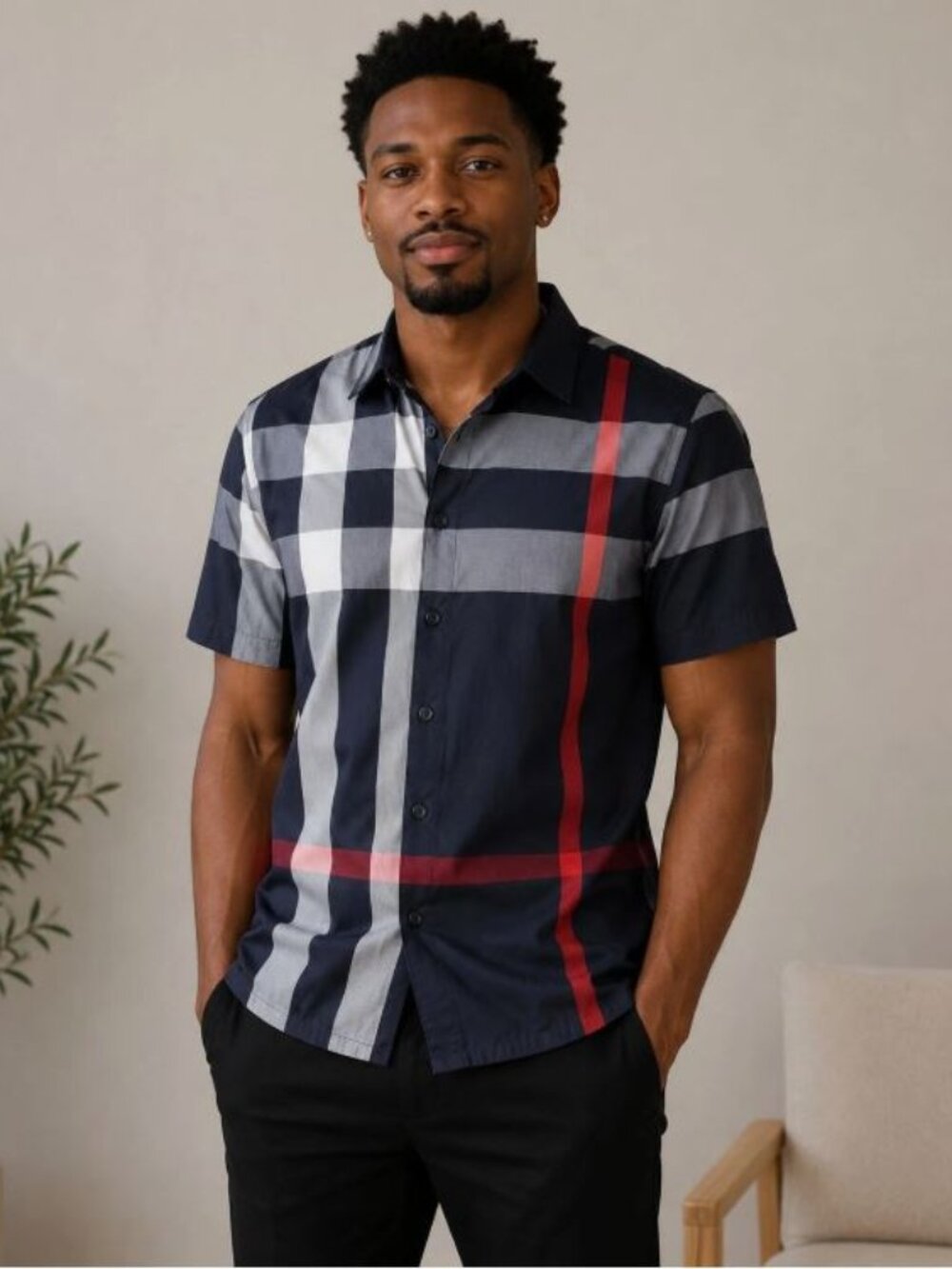 NWOT BURBERRY Mens Navy Blue Check Front Pocket Short Sleeve Button Up Sz Small